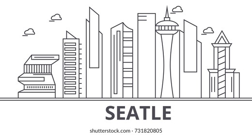 Seattle architecture line skyline illustration. Linear vector cityscape with famous landmarks, city sights, design icons. Landscape wtih editable strokes