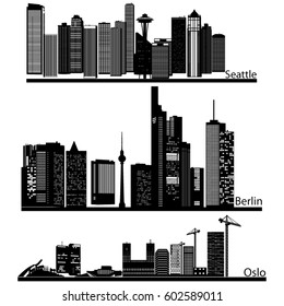 Seattle, Berlin, Oslo vector skylines./Set of city skyline vector.