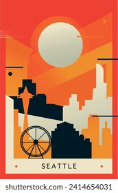 Seattle city brutalism poster with abstract skyline, cityscape. USA Washington state retro vector illustration. US travel front cover, brochure, flyer, leaflet, presentation template, layout image