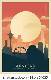 Seattle city brutalism poster with abstract skyline, cityscape. USA Washington state retro vector illustration. US travel front cover, brochure, flyer, leaflet, presentation template, layout image