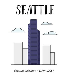 Seattle city Columbia center building colored line art illustration.