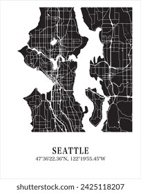 Seattle city map. Travel poster vector illustration with coordinates. Seattle, Washington, The United States of America Map in dark mode.