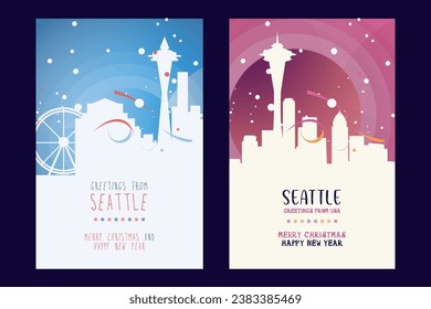 Seattle city poster with Christmas skyline, cityscape, landmarks. Winter USA holiday, New Year vertical vector layout for Washington state brochure, website, flyer, leaflet, card