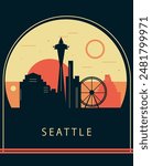 Seattle city retro style poster with skyline, cityscape. USA Washington state vintage vector illustration. US front cover, brochure, flyer, leaflet template, layout image