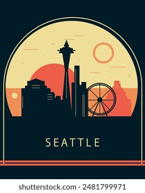 Seattle Stadt Retro-Stil Poster mit Skyline, Stadtbild. In: USA Washington State Vintage Vektorillustration. US Frontabdeckung, Broschüre, Flyer, Faltblatt Vorlage, Layout Bild