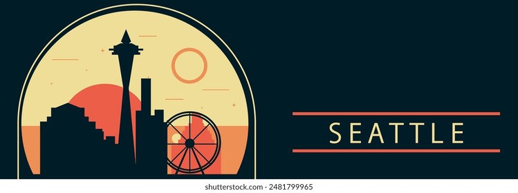 Seattle city retro style vector banner with skyline, cityscape. USA Washington state vintage horizontal illustration. United States of America travel layout for web presentation, header, footer