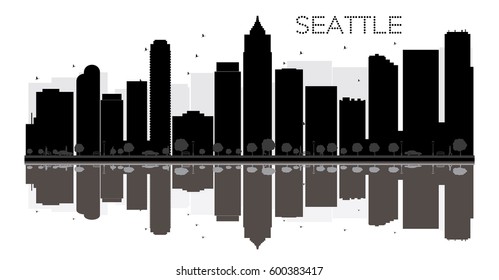 Seattle City skyline black and white silhouette with reflections. Vector illustration. Simple flat concept for tourism presentation, banner, placard or web site. Cityscape with landmarks