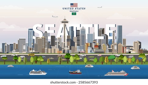 Seattle city skyline colorful vector illustration. Travel poster