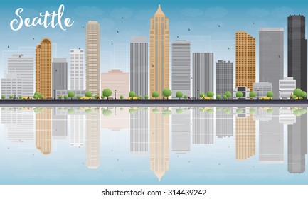 Seattle City Skyline with Grey Buildings, Blue Sky and reflections. Vector Illustration. Business travel and tourism concept with place for text. Image for presentation, banner, placard and web site.