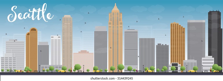 Seattle City Skyline with Grey Buildings and Blue Sky. Vector Illustration. Business travel and tourism concept with modern buildings. Image for presentation, banner, placard and web site.