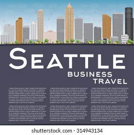 Seattle City Skyline with Grey Buildings, Blue Sky and copy space. Business travel and tourism concept with place for text. Image for presentation, banner, placard and web site. Vector Illustration