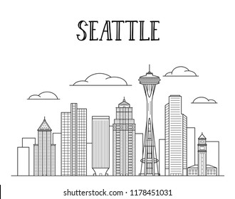 Seattle city skyline line art illustration.