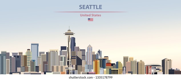 Seattle city skyline on colorful gradient beautiful day sky background with flag of United States. Vector illustration