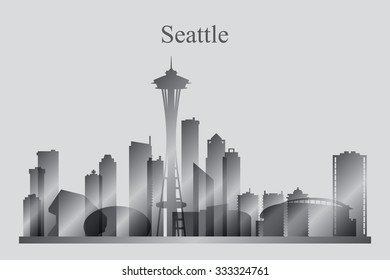 Seattle city skyline silhouette in grayscale, vector illustration