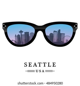 Seattle city skyline silhouette reflected in the glasses. Vector illustration.