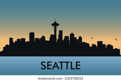  Seattle. The city skyline. Silhouettes of buildings. The sunset of the day. Vector on a blue background