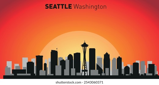 Horizonte de la ciudad de Seattle con siluetas de edificios con el telón de fondo de un Grande sol amarillo y cielo naranja. Vector en el fondo de la puesta del sol