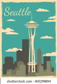 Seattle city skyline. Vector city  Retro Poster 