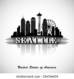 Seattle city skyline. Vector silhouettes of landmarks. USA. 