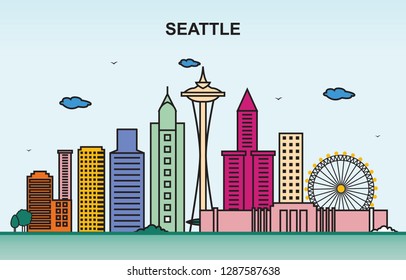 Seattle City Tour Cityscape Skyline Colorful Illustration