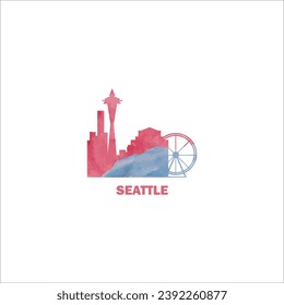 Seattle city US watercolor cityscape skyline panorama vector flat modern logo icon. USA, Washington state of America emblem with landmarks and building silhouettes. Isolated red and blue graphic