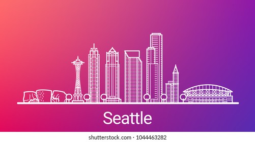 Seattle city white line on colorful background. All Seattle buildings - customizable objects with opacity mask, so you can simple change background. Line art.