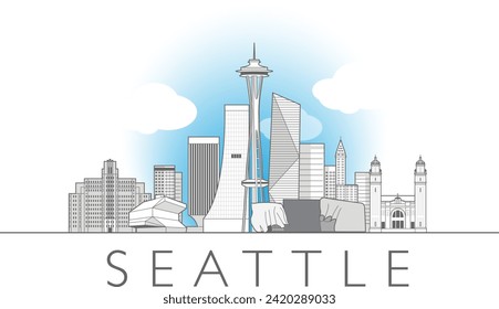 Seattle cityscape line art style vector illustration