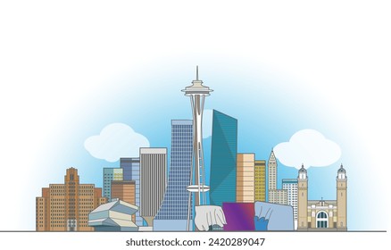 Seattle cityscape line art style vector illustration