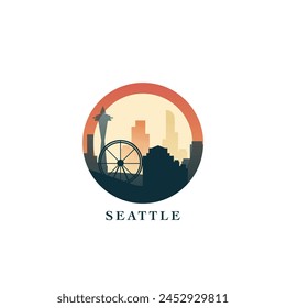 Seattle Stadtbild, Vektorgrafik-Gradienten-Abzeichen, flaches Skyline-Logo, Ikone. USA, Washington State City runde Emblemidee mit Wahrzeichen und Bausilhouetten. Isolierte abstrakte Grafik