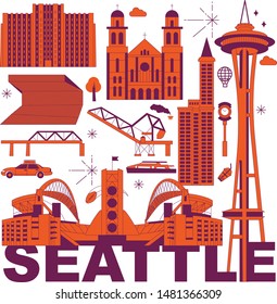 Seattle culture travel set, American famous architectures, USA in flat design. Business travel and tourism concept clipart. Image for presentation, banner, website, advert, flyer, roadmap, icons