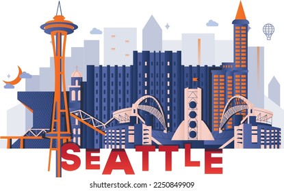 Seattle culture travel set, American famous architectures, USA in flat design. Business travel and tourism concept clipart. Image for presentation, banner, website, advert, flyer, roadmap, icons