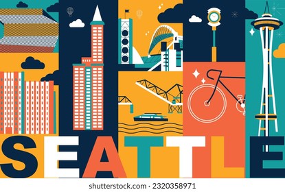 Seattle culture travel set, American famous architectures, USA in flat design. Business travel and tourism concept clipart. Image for presentation, banner, website, advert, flyer, roadmap, icons