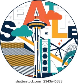 Seattle culture travel set, American famous architectures, USA in flat design. Business travel and tourism concept clipart. Image for presentation, banner, website, advert, flyer, roadmap, icons