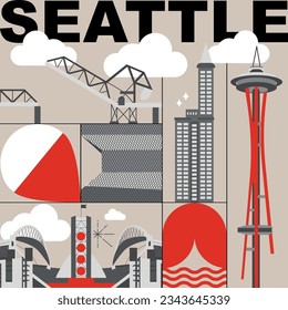 Seattle culture travel set, American famous architectures, USA in flat design. Business travel and tourism concept clipart. Image for presentation, banner, website, advert, flyer, roadmap, icons