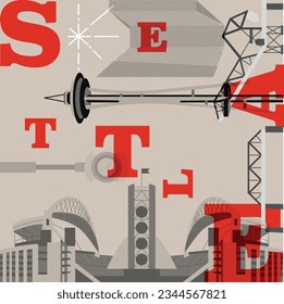 Seattle culture travel set, American famous architectures, USA in flat design. Business travel and tourism concept clipart. Image for presentation, banner, website, advert, flyer, roadmap, icons