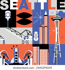 Seattle culture travel set, American famous architectures, USA in flat design. Business travel and tourism concept clipart. Image for presentation, banner, website, advert, flyer, roadmap, icons