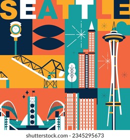 Seattle culture travel set, American famous architectures, USA in flat design. Business travel and tourism concept clipart. Image for presentation, banner, website, advert, flyer, roadmap, icons