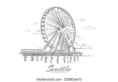 Seattle ferris wheel sketch hand drawn 