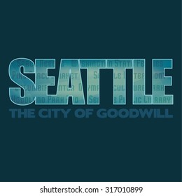 Seattle graphic emblem on dark background. Label for t-shirt. Typography vector design. CMYK color mode