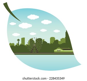 Seattle green skyline silhouette in leaf shape