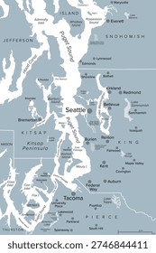 Seattle metropolitan area, U.S. state of Washington, gray political map. Urban agglomeration comprising Seattle, its surrounding satellites and suburbs, in counties King, Pierce, and Snohomish. Vector
