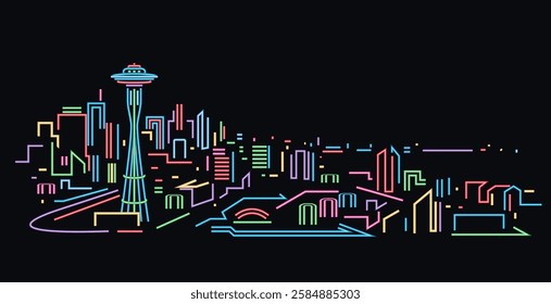 Seattle neon light skyline vector illustration