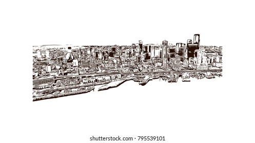 Seattle Panorama, Hand Drawn Outline Artwork, Vector Sketch