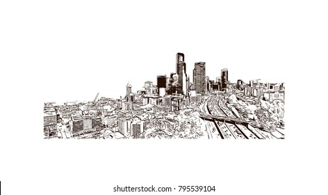 Seattle Panorama, Hand Drawn Outline Artwork, Vector Sketch