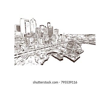 Seattle Panorama, Hand Drawn Outline Artwork, Vector Sketch