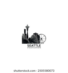 Panorama de Seattle, insignia de Vector, logotipo e ícono del horizonte. Logotipo del horizonte de la ciudad del estado de Washington con Lugares famosos y siluetas de construcción. Gradiente abstracto brumoso aislado gráfico para América