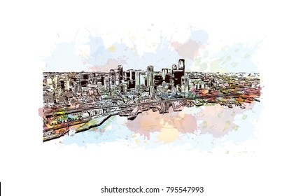 Seattle Panorama, Watercolor splash with Hand Drawn Outline Artwork, Vector Sketch.