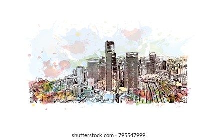 Seattle Panorama, Watercolor splash with Hand Drawn Outline Artwork, Vector Sketch.