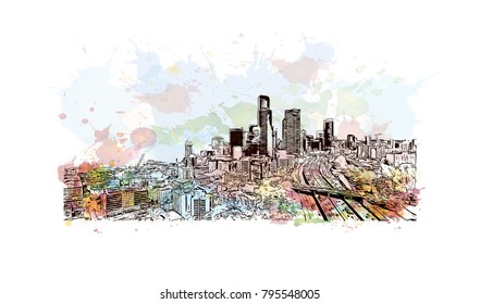 Seattle Panorama, Watercolor splash with Hand Drawn Outline Artwork, Vector Sketch.