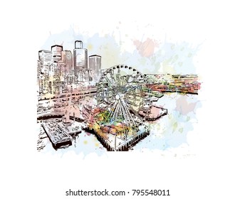 Seattle Panorama, Watercolor splash with Hand Drawn Outline Artwork, Vector Sketch.